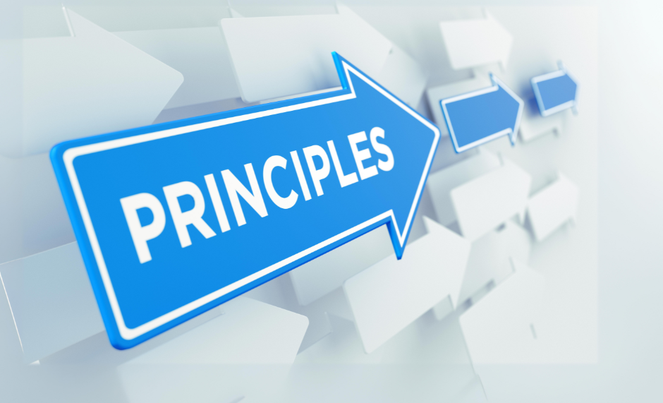 Photo of an arrow with the words 'principles' on it.