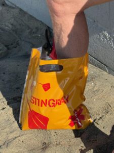 bruce's foot in a stingray bag
